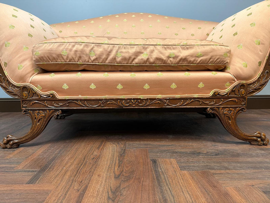 Antique Carved Wood Loveseat Silk Fabric Sofa French Style Peach Upholstery Gilded Motif Curved Back Vintage Settee Luxurious Furniture