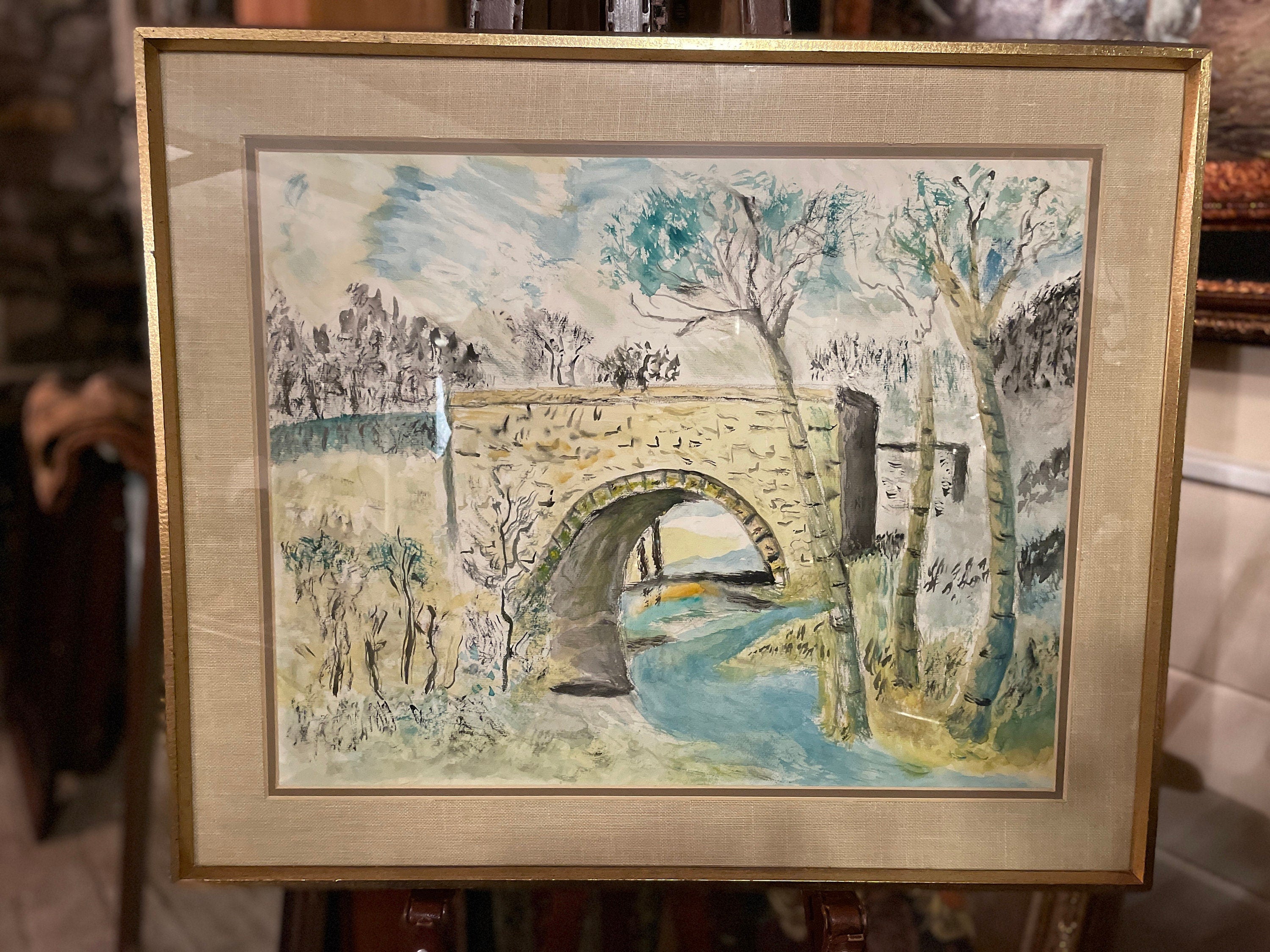 Original Watercolor Landscape Painting Stone Bridge Scene Signed Framed Vintage Wall Art Countryside Decor Gold Frame Rustic Charm Gift Idea