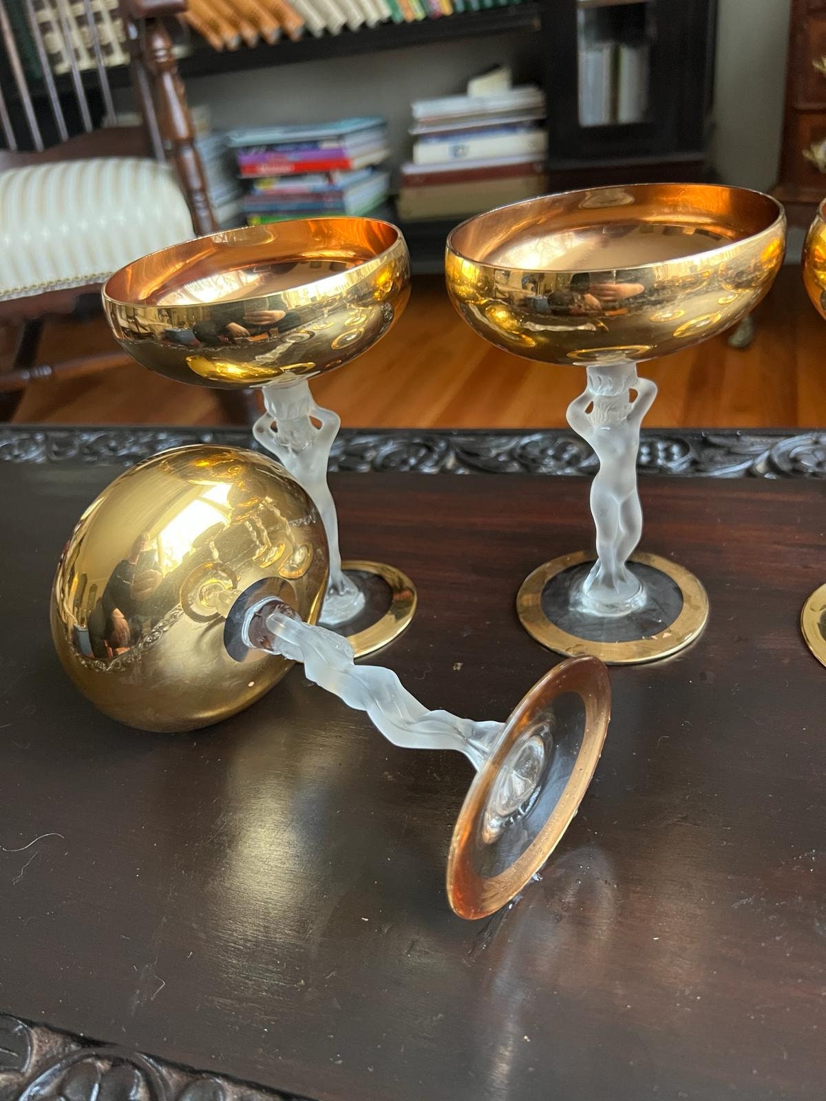 Art Deco Style Vintage Coupe Glasses Set Featuring Frosted Nude Female Stems Gold Bowls Crystal Detail Perfect Display Barware Home Decor