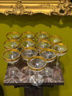 Vintage Gold Rim Etched Floral Champagne Coupe Glasses (Set of 12)