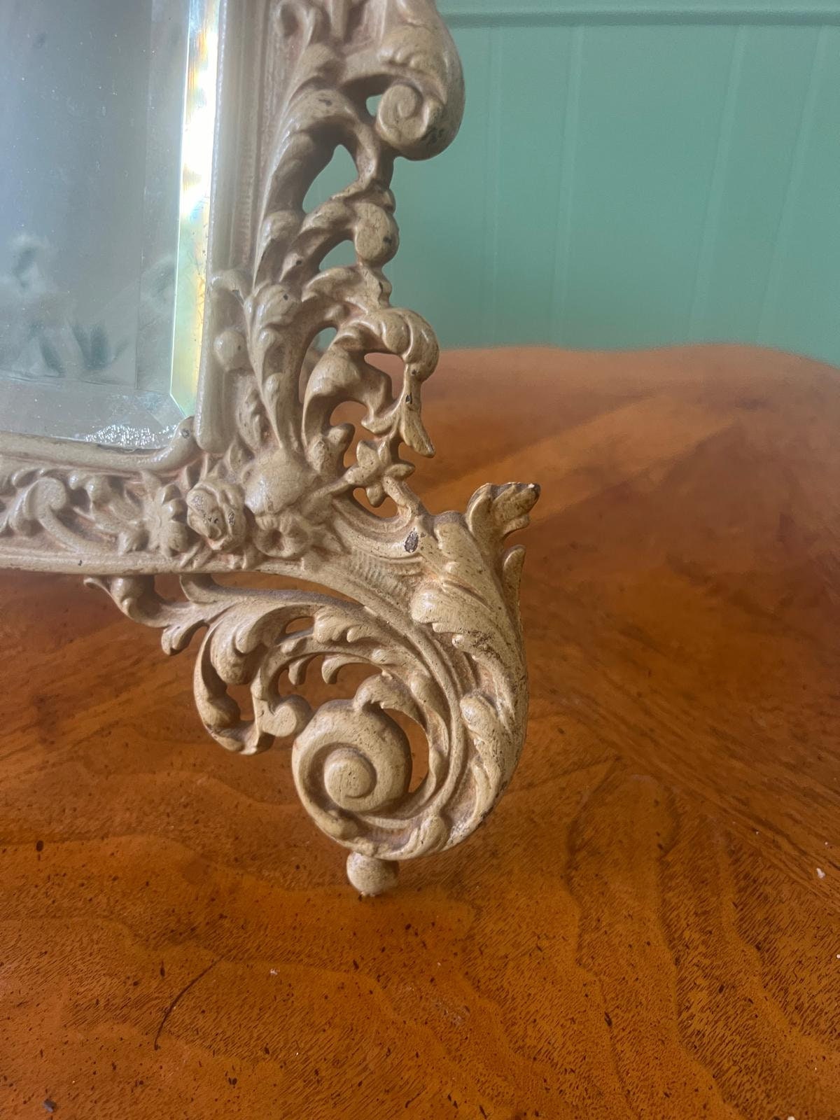 Antique Baroque Style Ornate Table Mirror Victorian Cast Metal Frame Vanity Accent Piece Rococo French Revival Design Decoration Gift