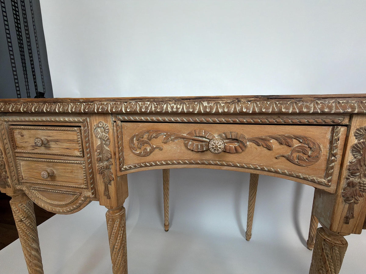 Vintage French Neoclassical Desk, Antiqued Mirrored Top, Carved Ribbon Detail, Fluted Legs