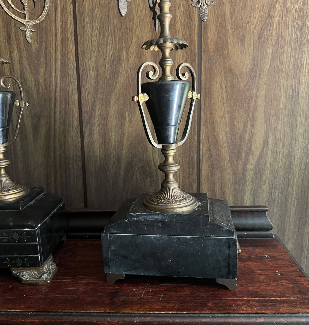 Antique Bronze Black Marble Five Light Candelabra Pair Empire Style Classical Urn Shape Candle Holders Home Decor Regency French Accent