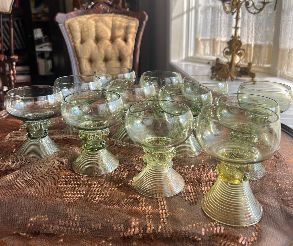 Vintage Hand Blown Green Glass Goblets Textured Stemmed Dessert Cups Set Elegant Tableware Artisanal Glassware Mid Century Dining Decor