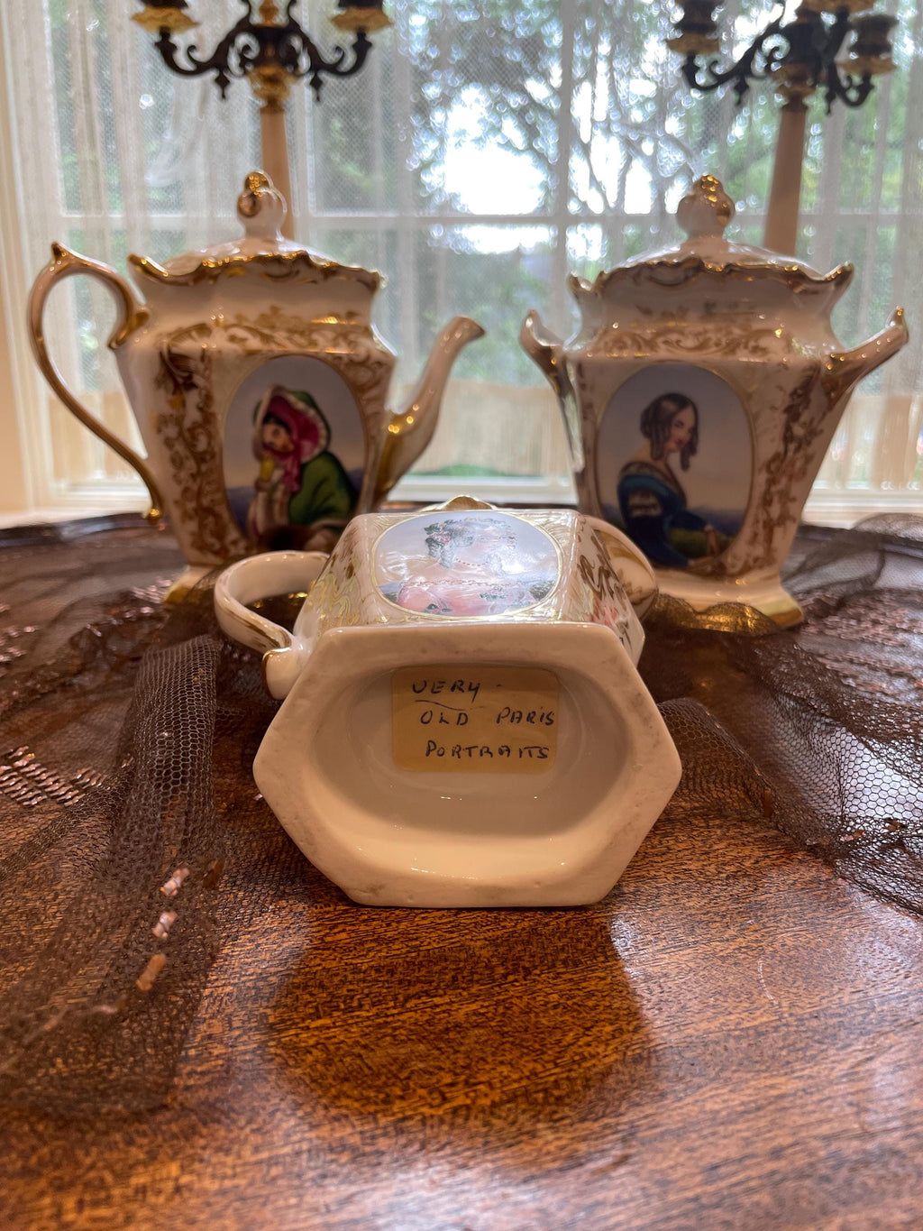 Very Old Paris Portrait Gold Gilt Porcelain Hand Painted Creamer Sugar Bowl Coffee Pot Victorian Ornate Gilded Serving Tray French Tea Set