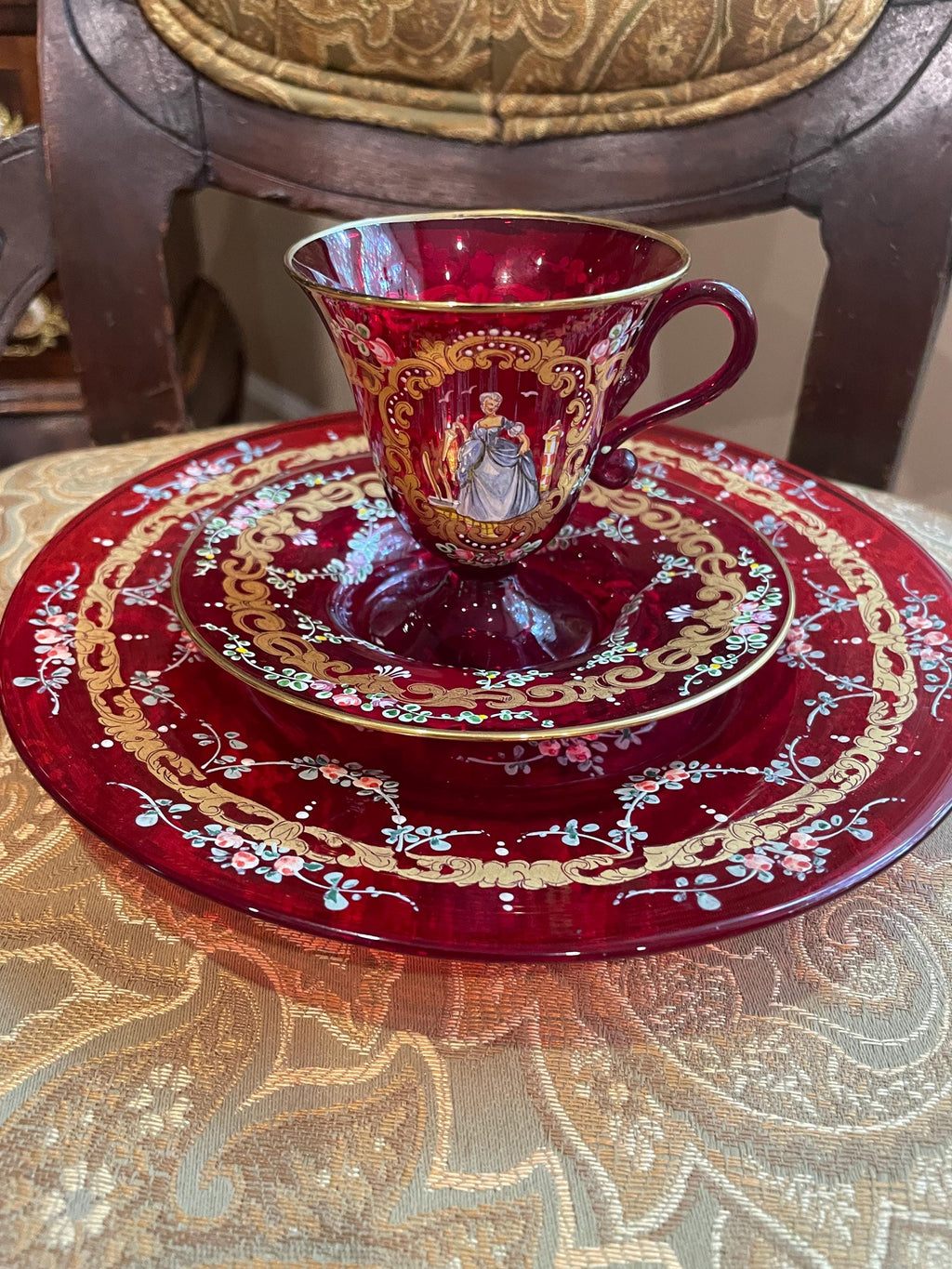 Bohemian Cranberry Glass Demitasse Cup Saucer Plate Set Gold Gilt Hand Painted Portrait Rococo Style Antique Display Tableware Décor
