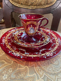 Bohemian Cranberry Glass Demitasse Cup Saucer Plate Set Gold Gilt Hand Painted Portrait Rococo Style Antique Display Tableware Décor
