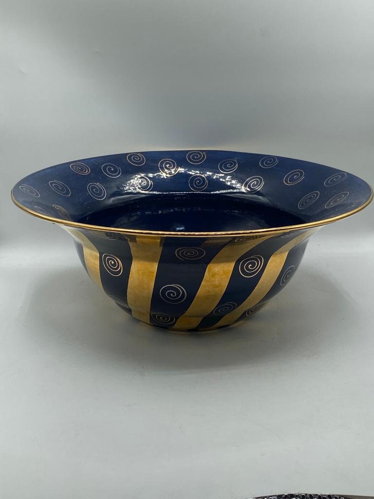 Vintage Laurie Gates Large Bowl 1996 Ceramic Art Blue Gold Spiral Striped Statement Decorative Piece Dining Table Centerpiece Unique Elegant