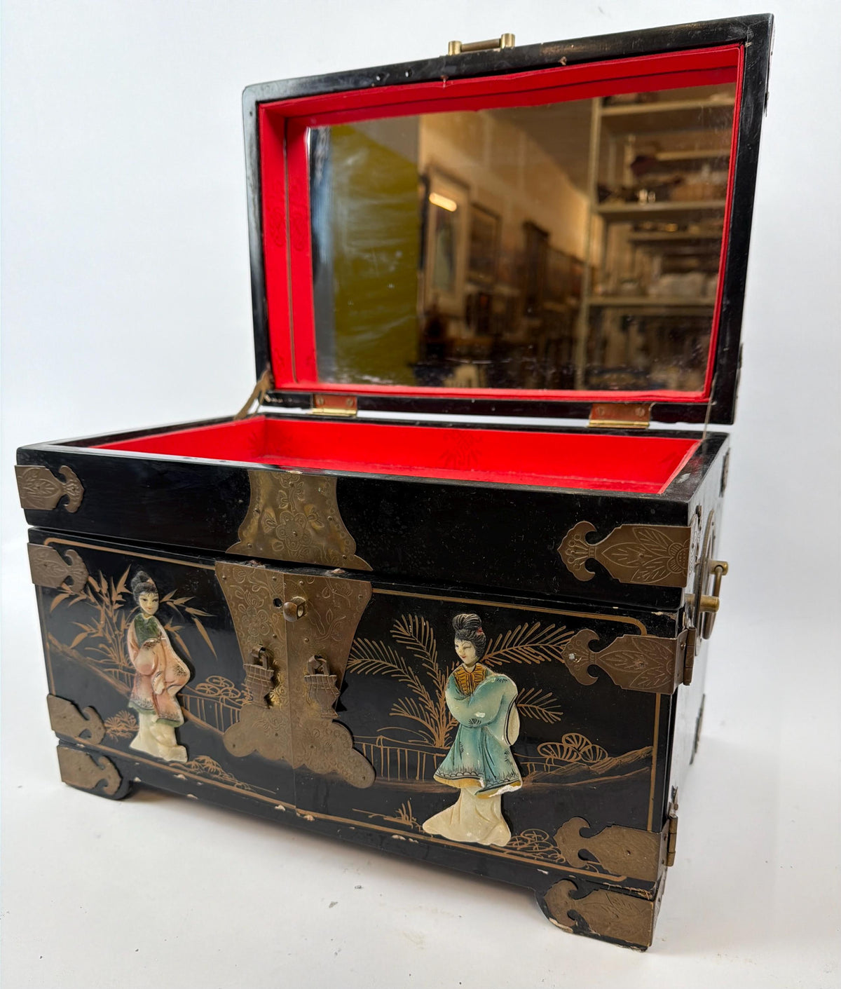 Antique Chinese Black Lacquer Jewelry Chest, Hand-Painted Figures, Engraved Brass Hardware, c.1900