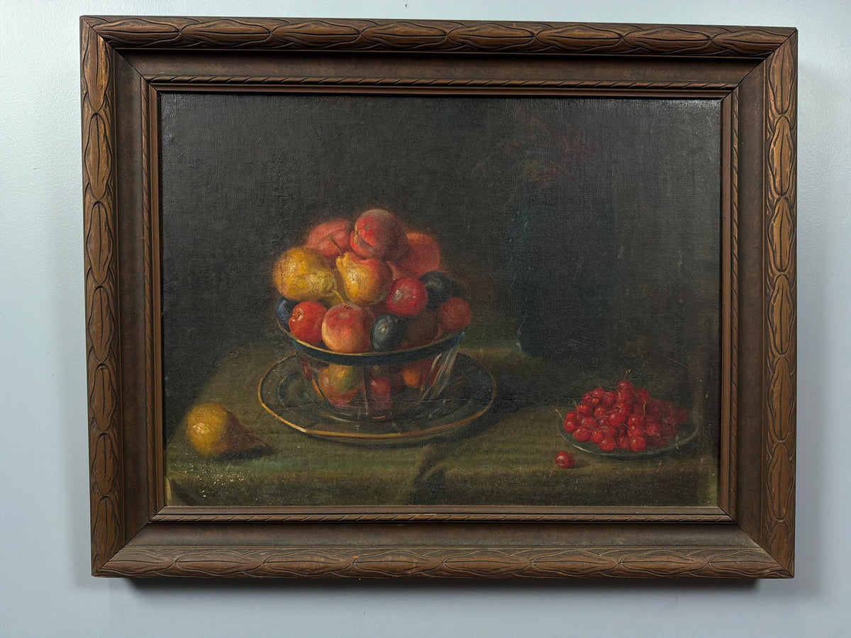 Vintage Oil Painting Still Life, Fruit Bowl Artwork, Classical Dark Background, Framed Traditional Wall Art