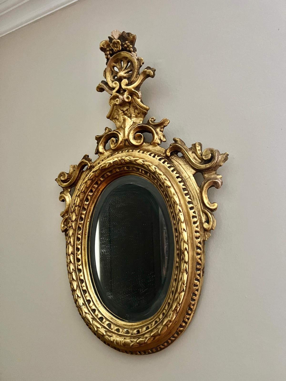 Antique Baroque Style Oval Wall Mirror Gold Gilt Frame Floral Crown Crest Elegant Carved Wood Accent Vintage French Style Mirror Decor