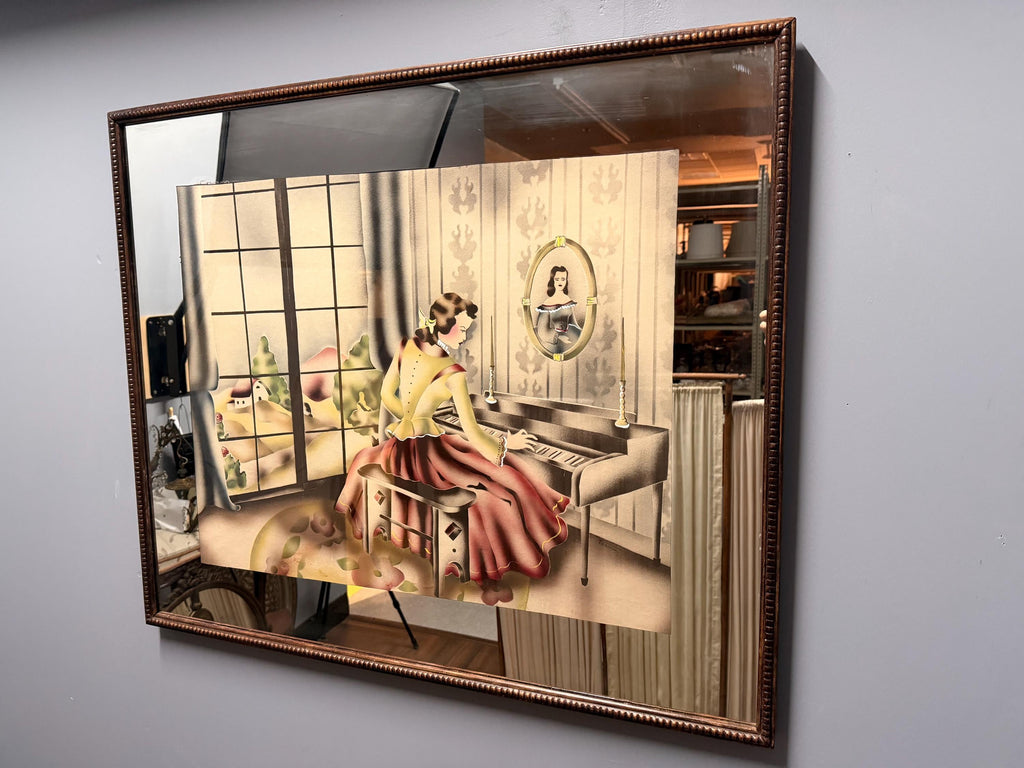 Vintage Art Deco Picture Mirror Lady at Piano Reverse Painted Airbrushed Boudoir Wall Mirror