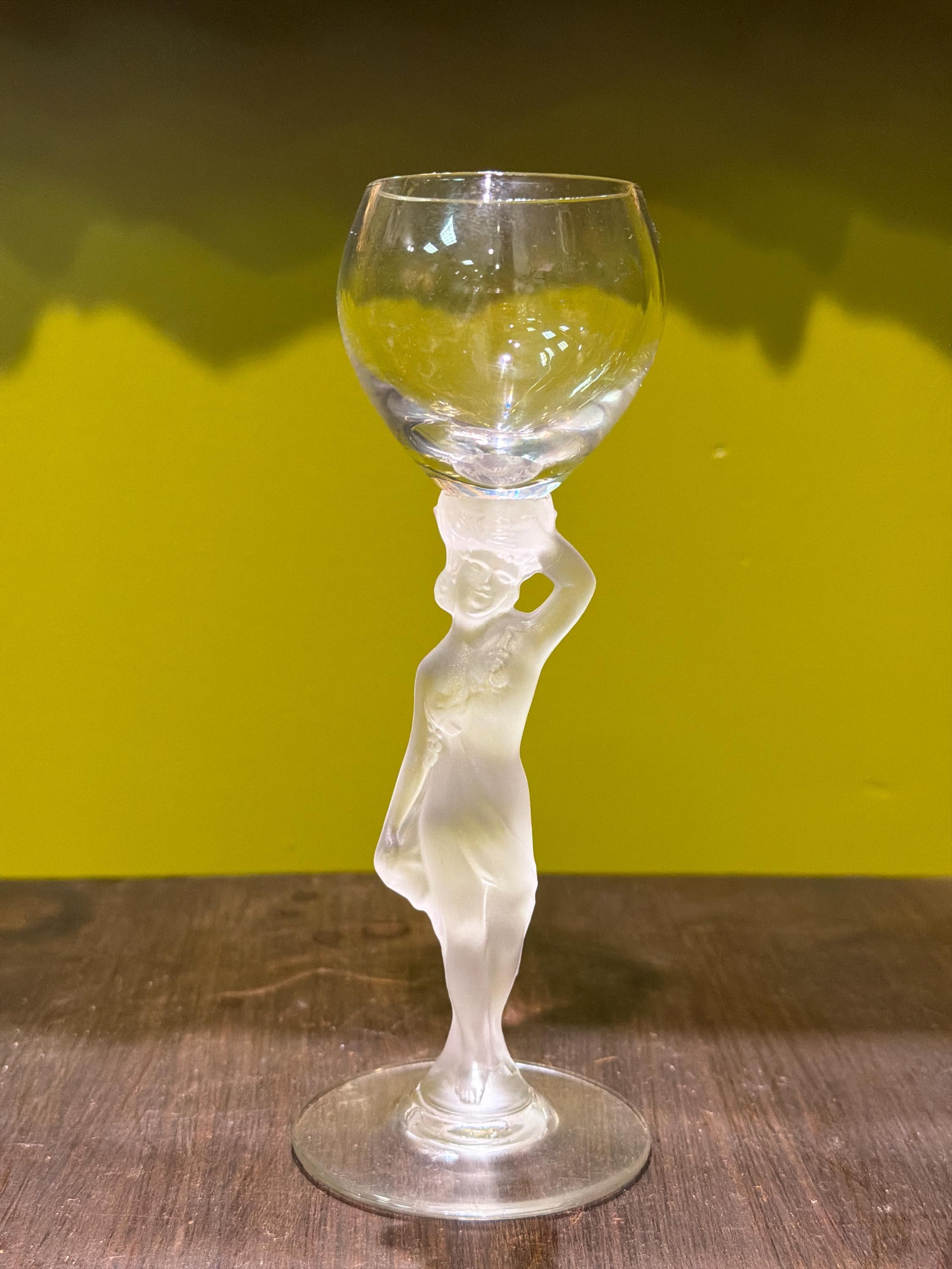 Lalique Style Nude Crystal Goblet, Art Deco Figural Stem Glass, Frosted Female Figure Wine Glass, Vintage Bacchantes Inspired Barware