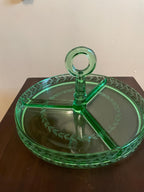 Vintage Green Glass Divided Serving Tray Elegant Round Centerpiece Handle Design Etched Laurel Pattern Entertaining Tableware Serving Dish
