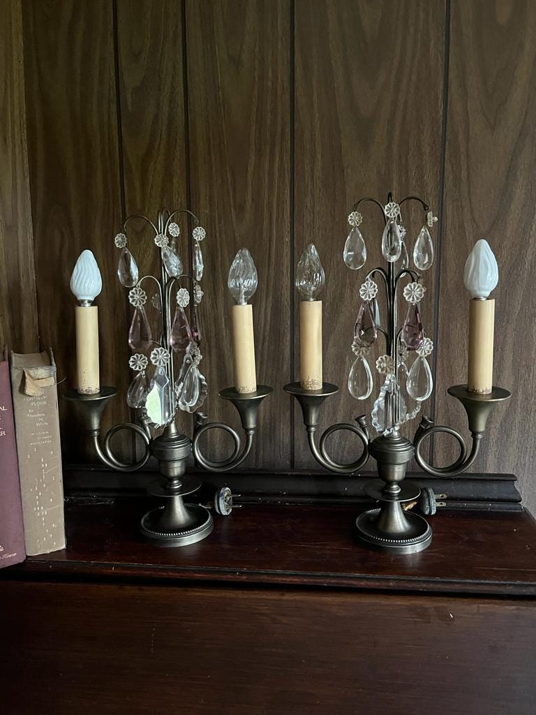 Vintage Crystal Drop Electric Candelabra Pair Elegant French Style Table Lamps Brass Base Chic Lighting Accent Romantic Decor Statement