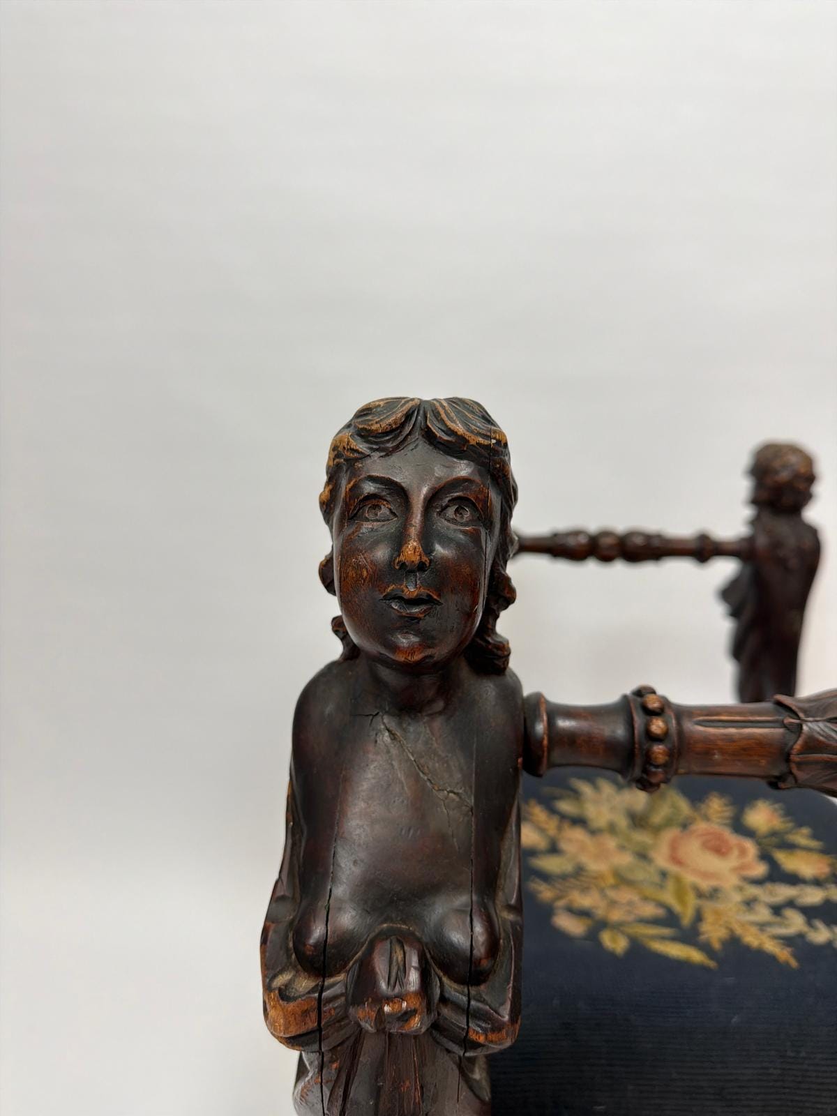 Antique Figural Carved Wood Bench Neo Classical Cherub Style Upholstered Seat Victorian Era Decorative Bench Tapestry