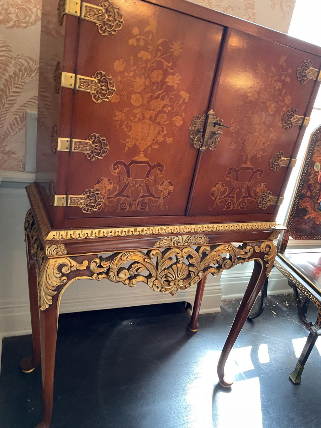 Vintage French Style Accent Cabinet, Floral Inlay, Gold Gilded Table Drink Cabinet