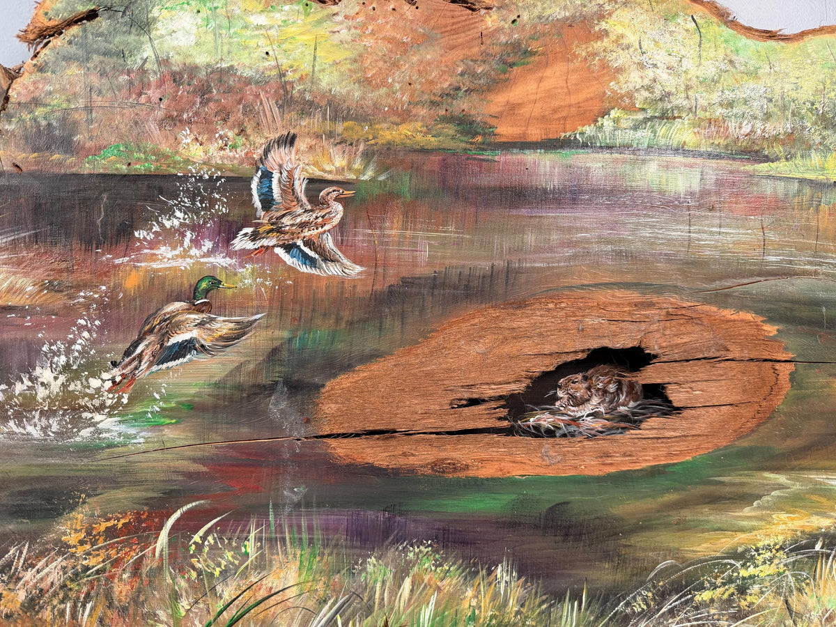 Vintage Wildlife Painting on Natural Wood Slab, Bears, Ducks, Heron, Rustic Folk Art