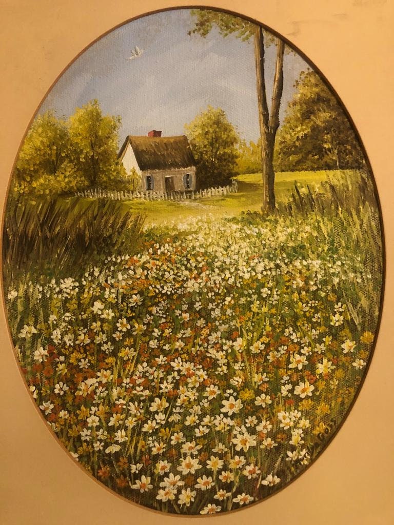 Vintage Oval Framed Wildflower Landscape Painting Signed by Artist Marilyn Goff Peaceful Countryside Cottage Meadow Garden Scene Decoration