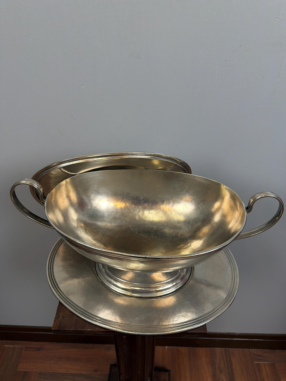 Vintage French Silver Plate Tureen With Underplate, Double Handle Serving Dish