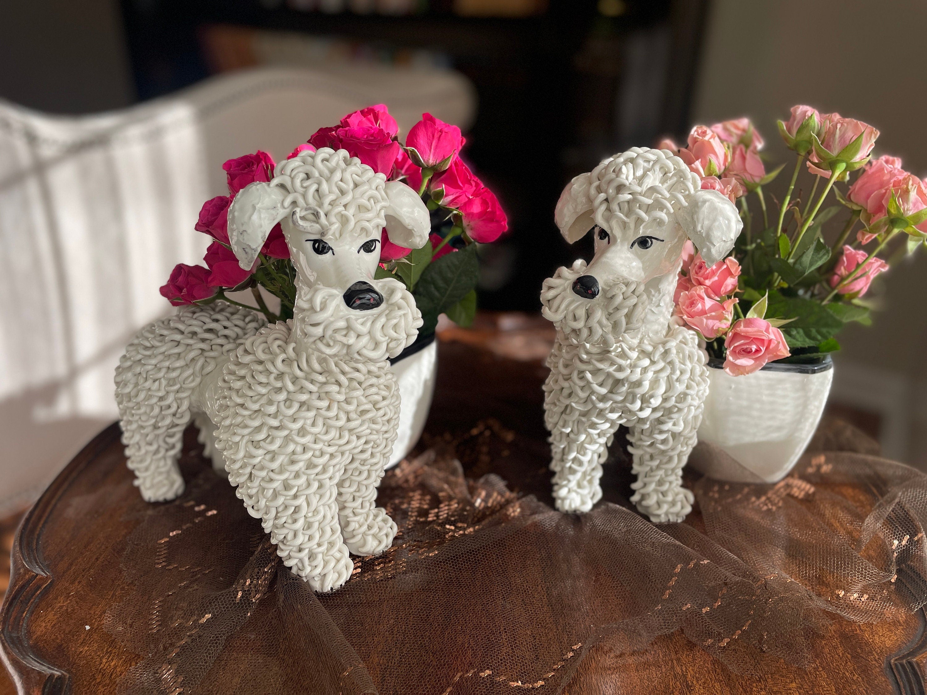 Vintage White Poodle Dog Planter Ceramic Mid Century Modern Animal Pot Whimsical Home Decoration French Poodle Flower Vase Unique Gift Idea