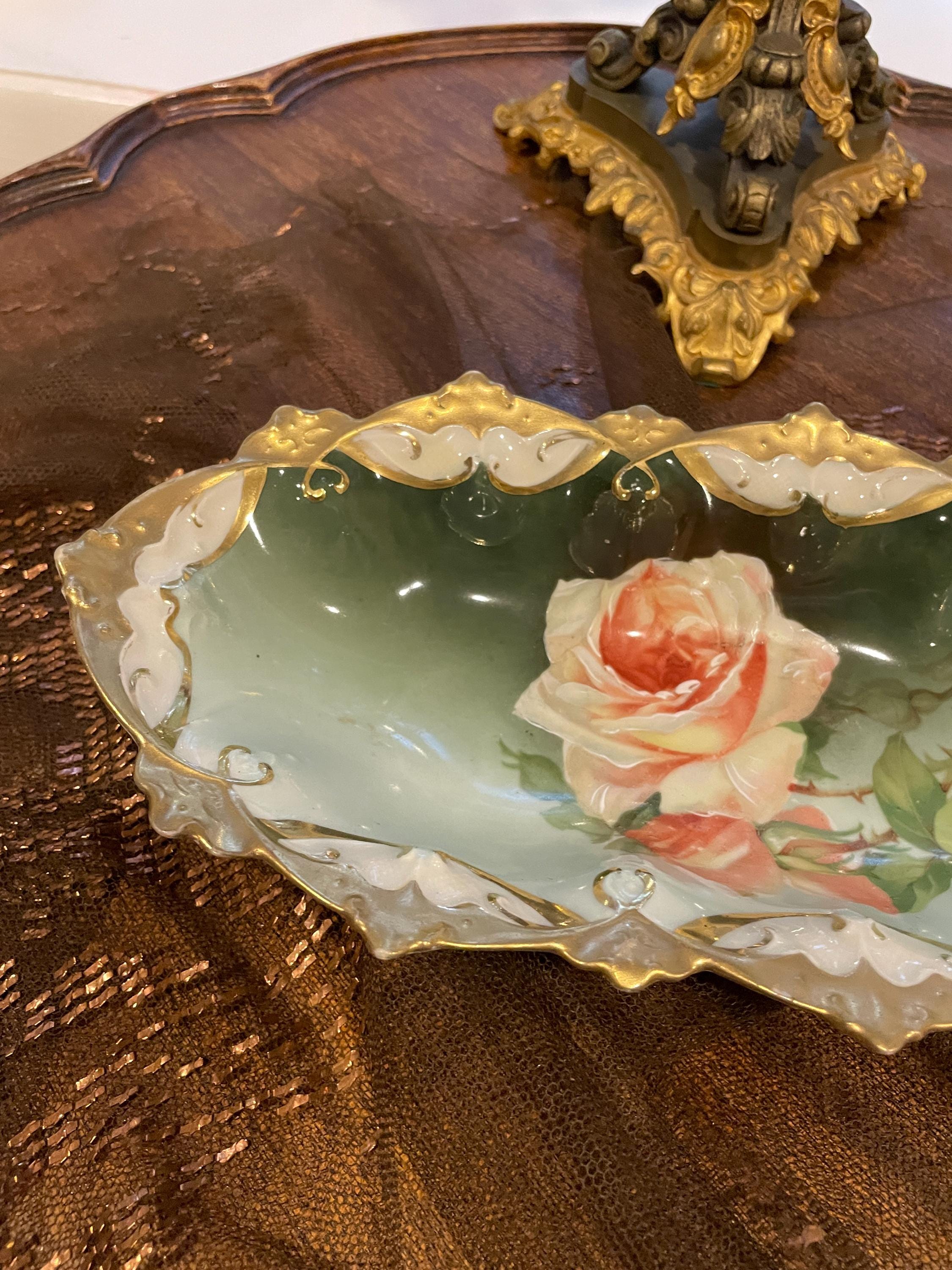 Antique Hand Painted Porcelain Bowl Pink Rose Design Ornate Gold Trim Art Nouveau Austrian Centerpiece Decorative Collectible Display Dish