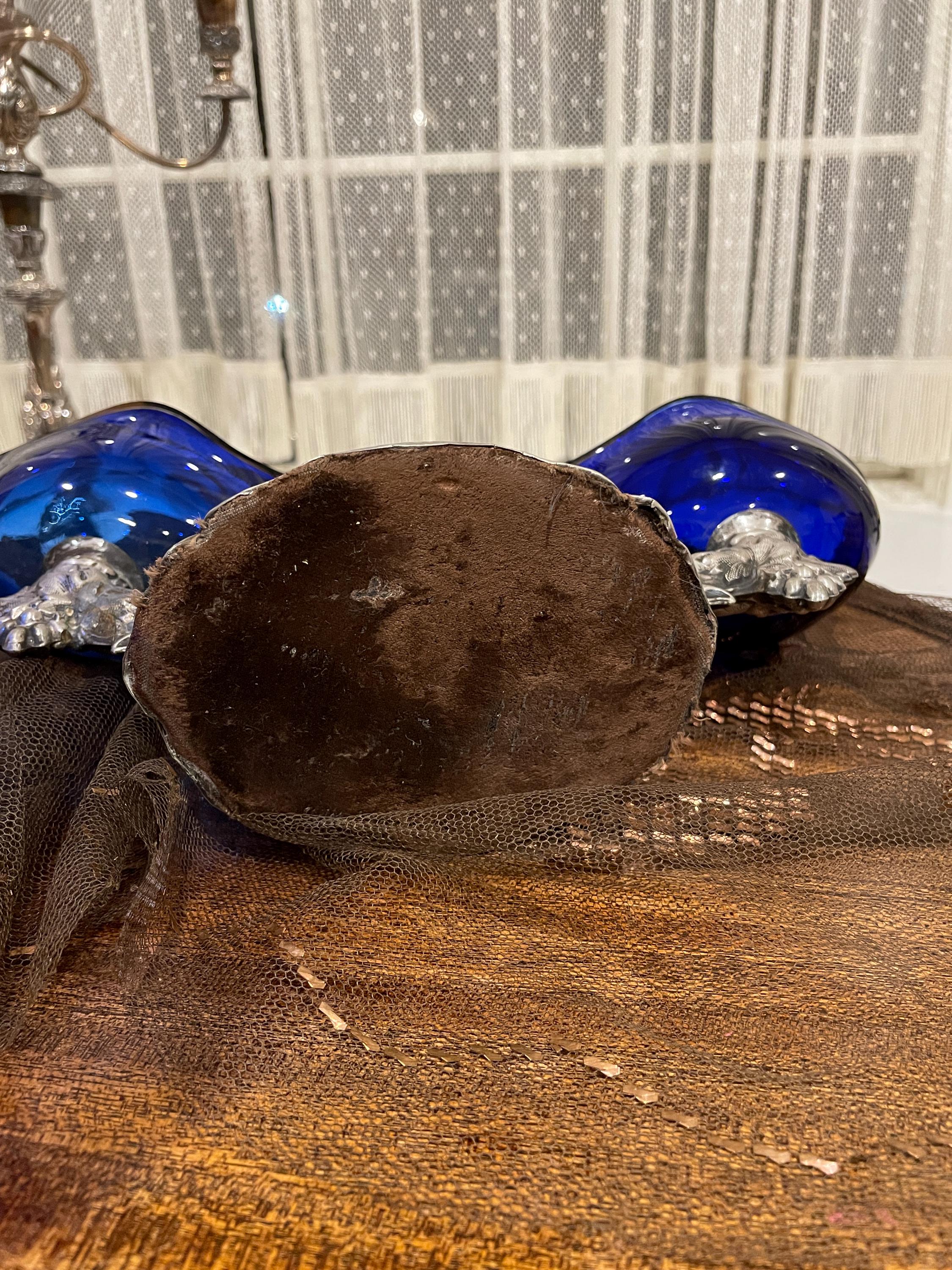 Antique Silver Salt Cellar Cobalt Blue Glass Insert Ornate Grape Design Rococo Centerpiece Victorian Dining Table Collectible Decoration