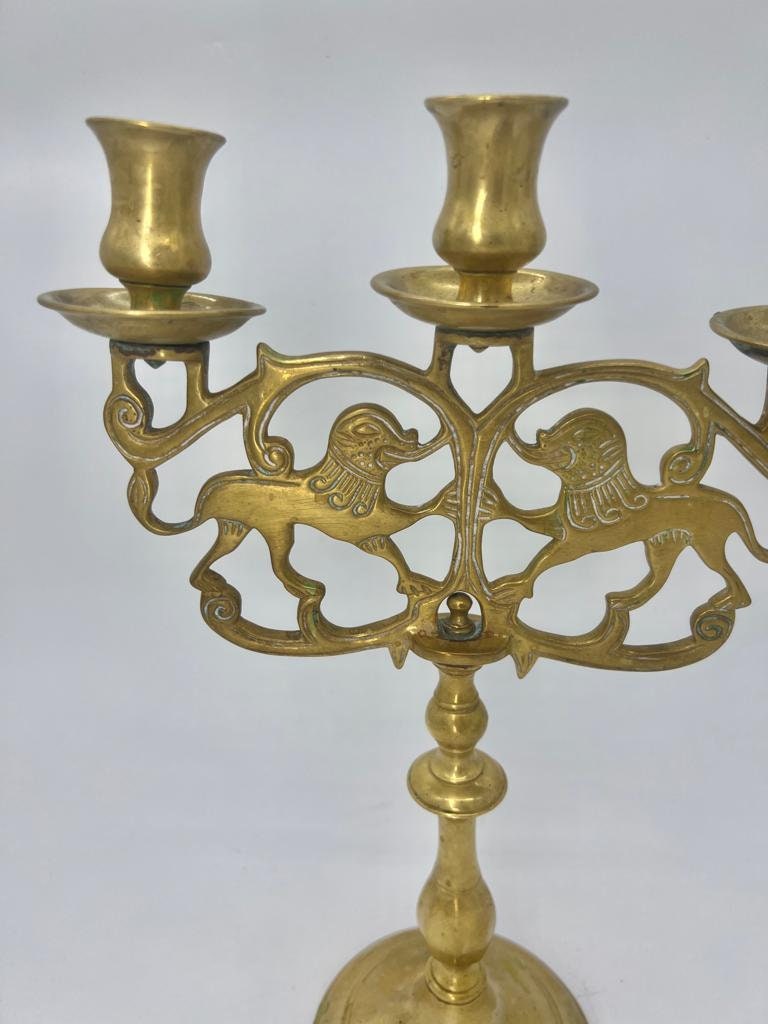 Vintage Brass Three Arm Candelabra Lion Motif Ornate Candle Holder Heavy Solid Metal Middle Eastern Style Antique Gold Home Decoration Piece