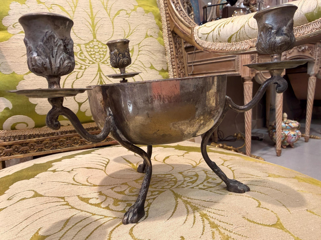 Antique Silver Plate Three Arm Candelabra Centerpiece Bowl with Paw Feet