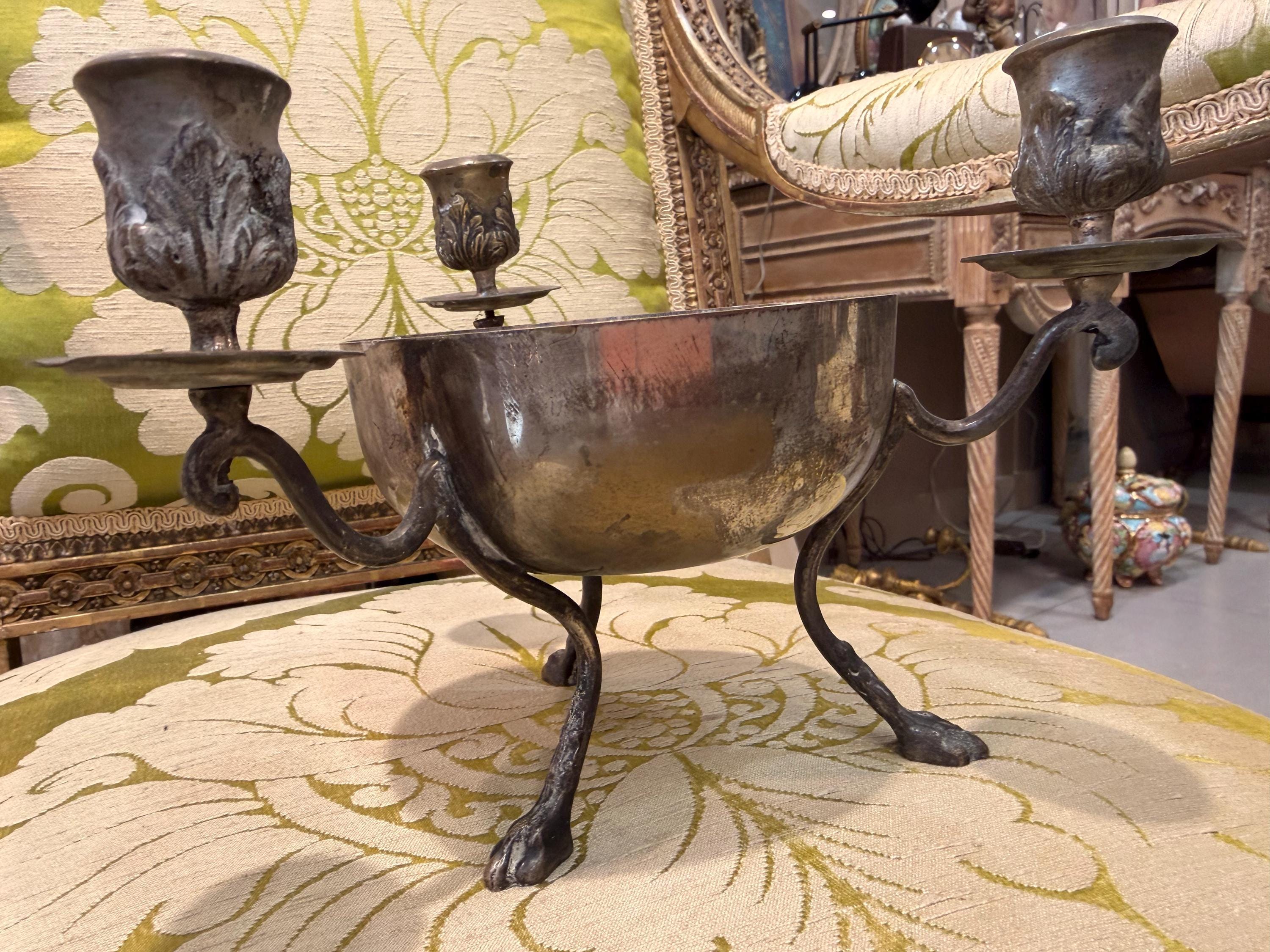 Antique Silver Plate Three Arm Candelabra Centerpiece Bowl with Paw Feet