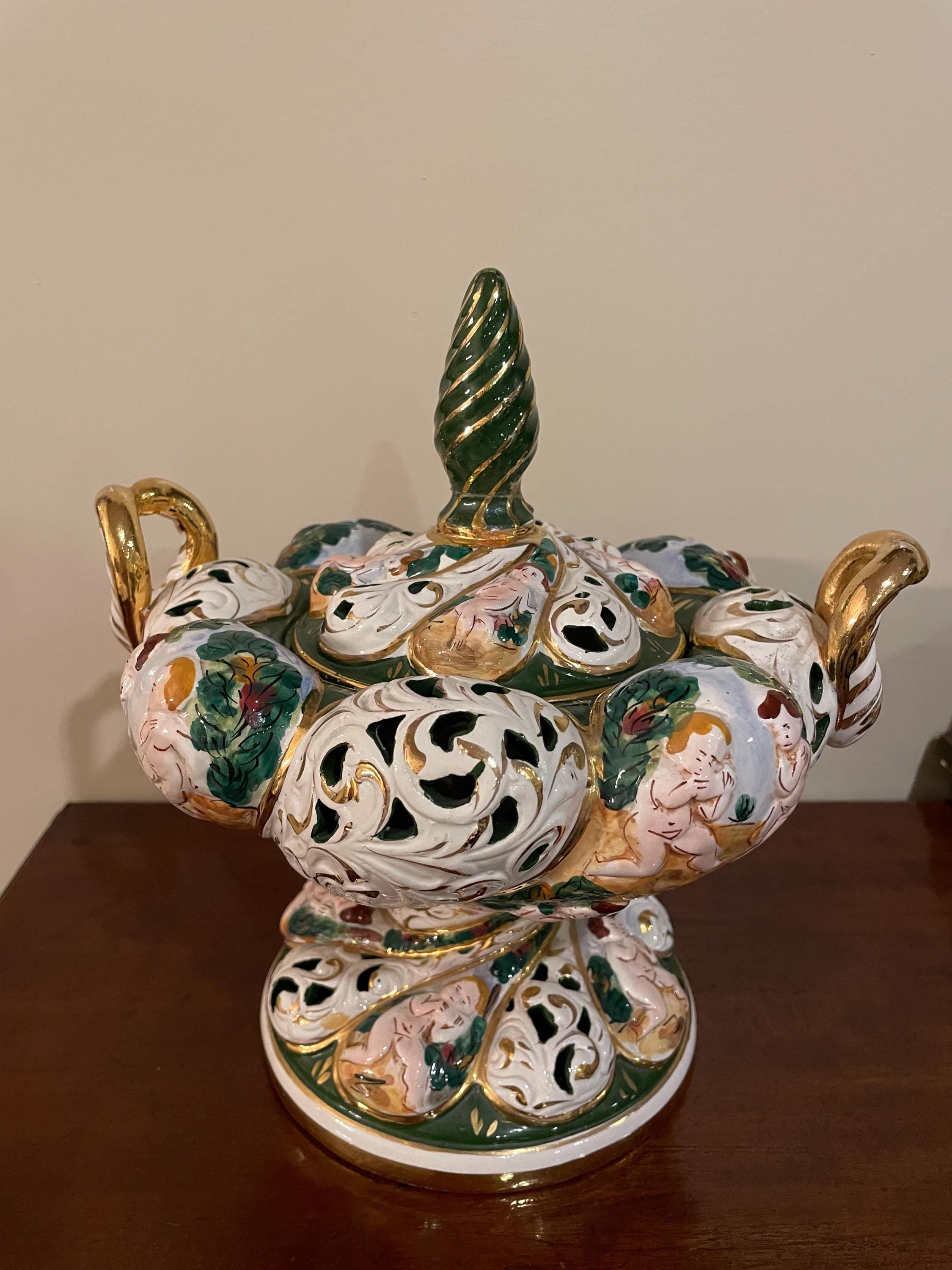 Vintage Italian Handcrafted Ceramic Sugar Bowl Ornate Baroque Design Cherub Motifs Gold Accents Floral Details Collectible Home Decor