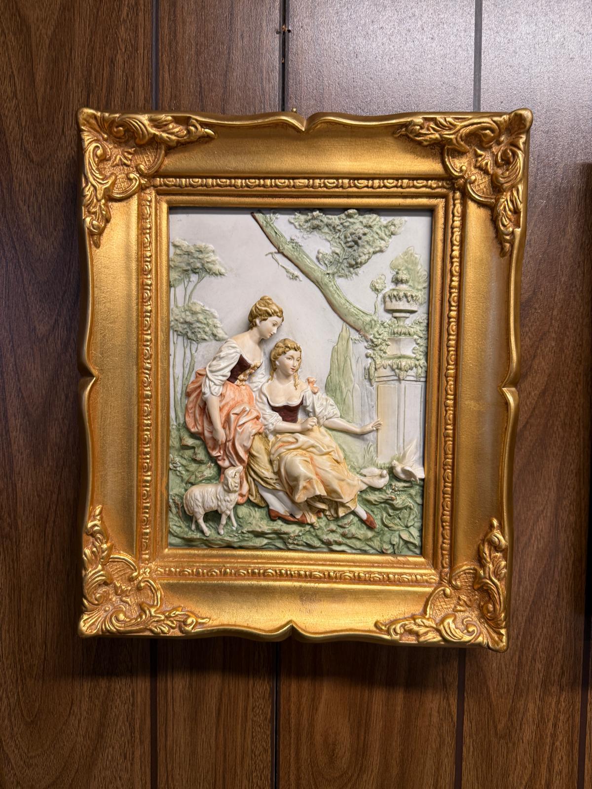Pair of Vintage Gold Wood Ornate 3D Wall Art Romantic Couple Scenes Hand Painted Chalkware Panels Victorian Decoration Elegant Artworking