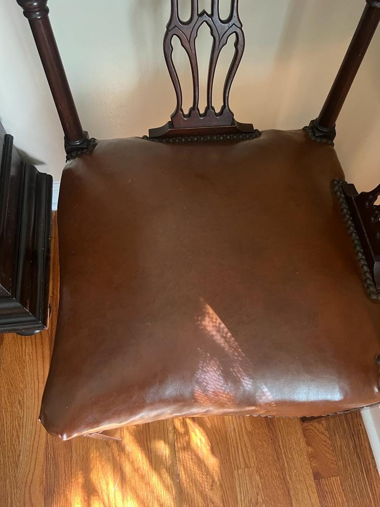 Vintage Corner Chair Mahogany Frame Brown Leather Seat Carved Back Elegant Accent Seating Classic Design Timeless Antique Home Decor Piece