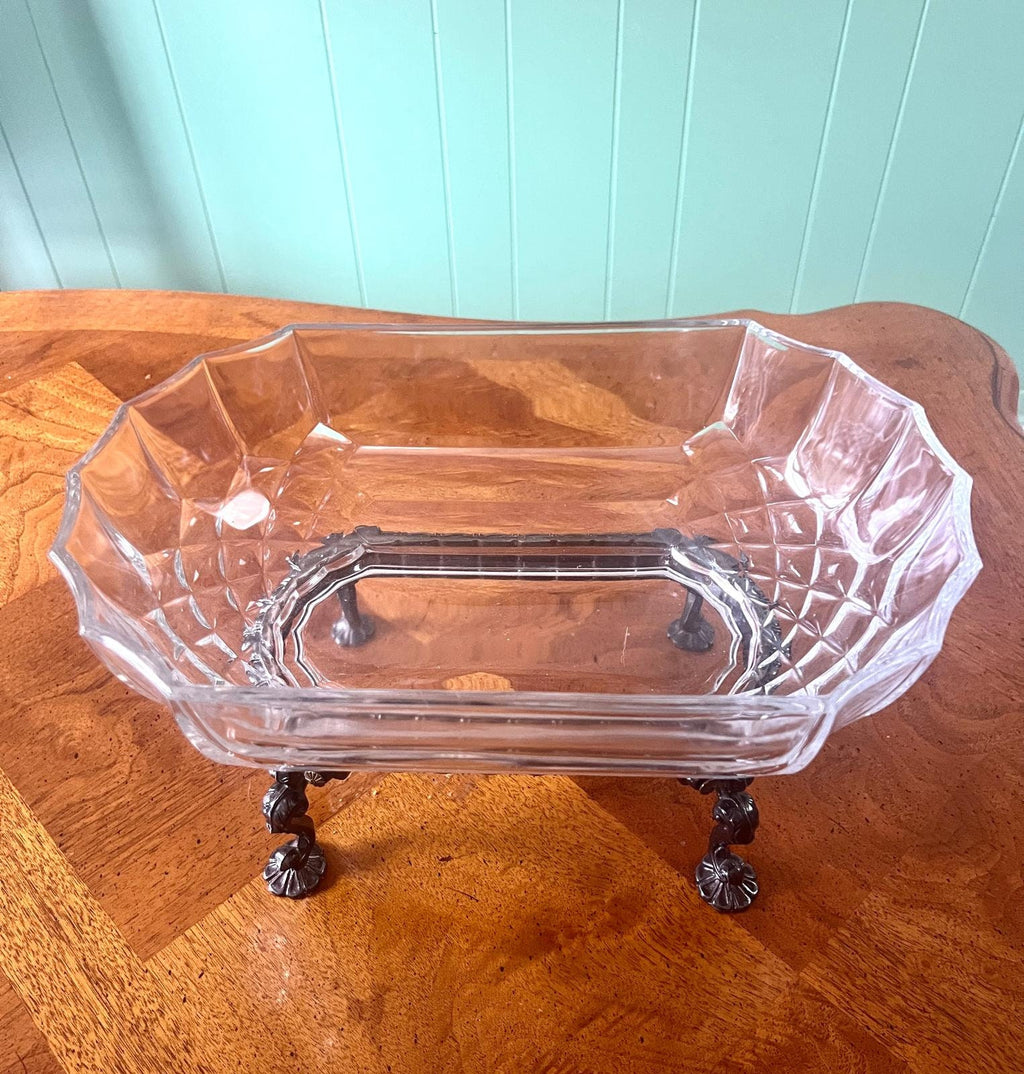 Vintage Art Deco Fluted Glass Dish Elegant Crystal Dish Heisey Bowl Silverplate Stand Centerpiece Jardiniere Fruit Bowl Vintage Glassware