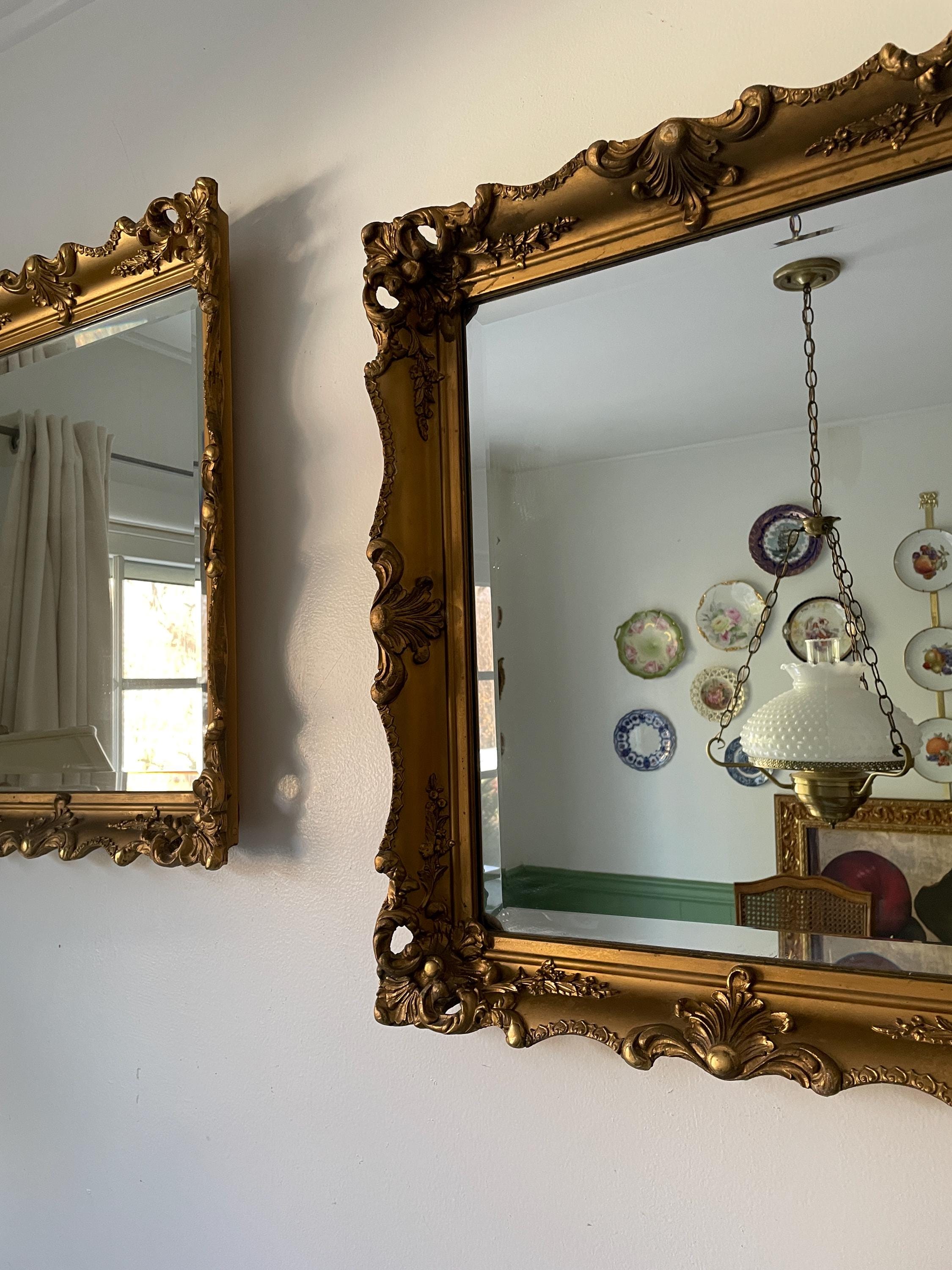 Vintage Pair of Gold Resin on Wood Wall Mirrors Art Deco Ornate Beveled Wall Mirrors Antique Baroque Style Decorative Mirror Home Decoration