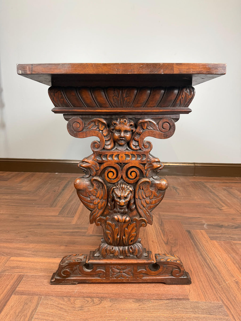 Antique Style Carved Wood Console Table Renaissance Revival Cherub Lion Griffin Sofa Table