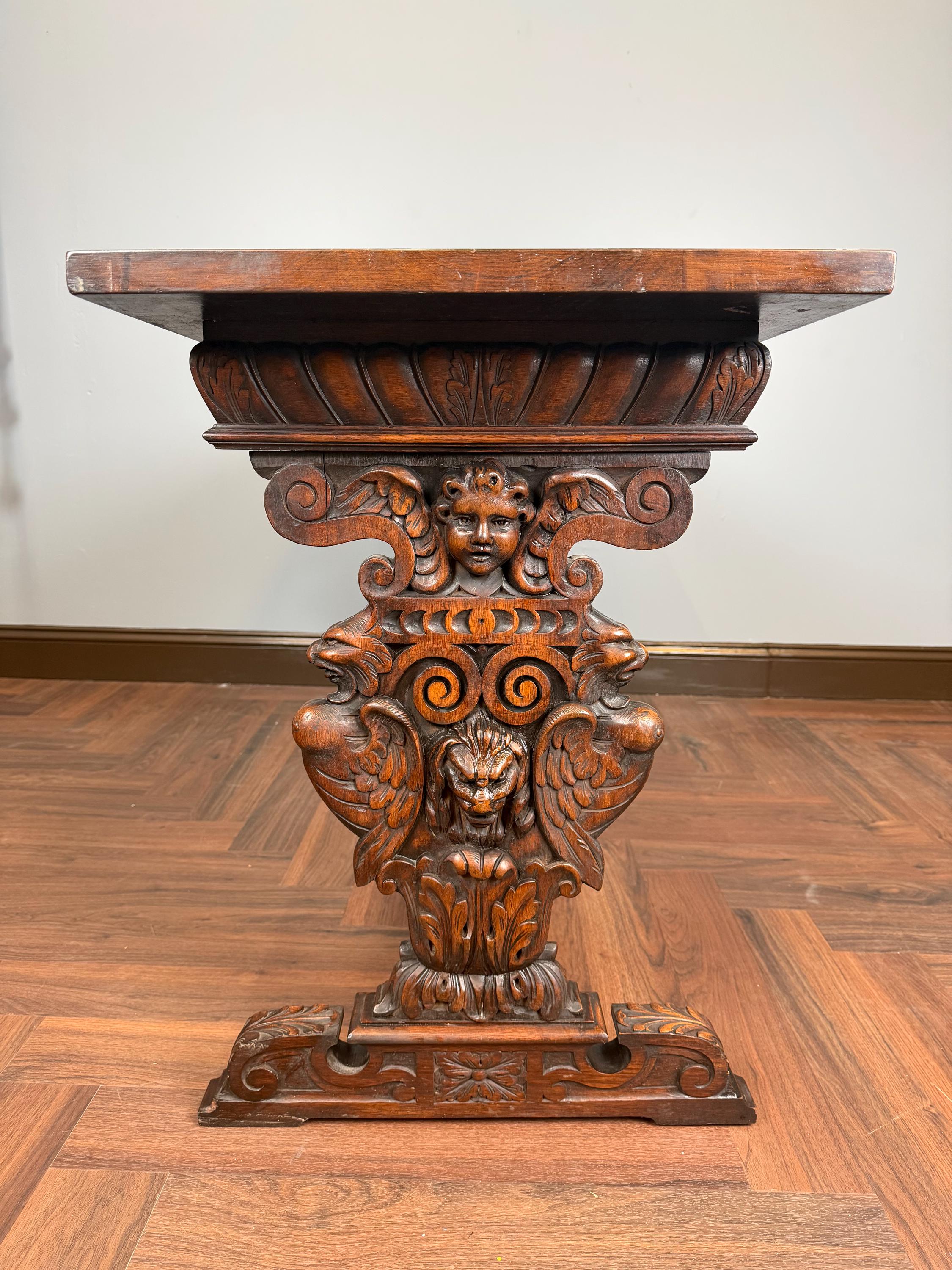 Antique Style Carved Wood Console Table Renaissance Revival Cherub Lion Griffin Sofa Table