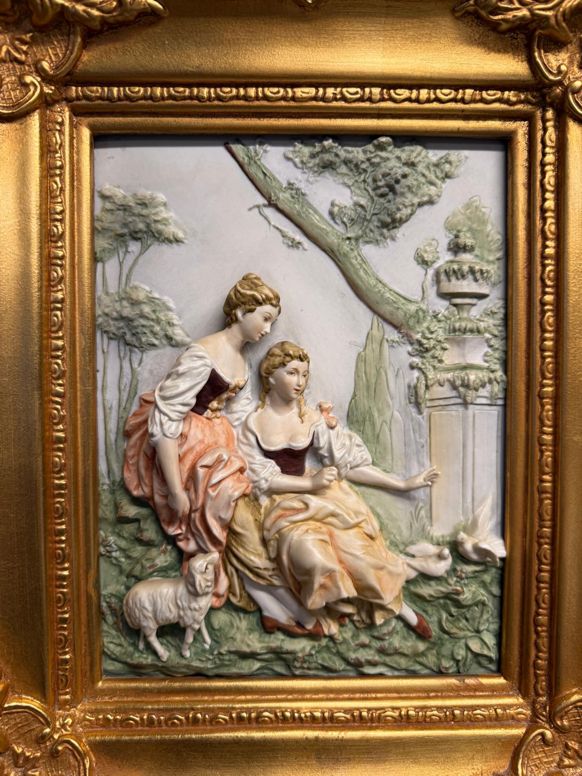 Pair of Vintage Gold Wood Ornate 3D Wall Art Romantic Couple Scenes Hand Painted Chalkware Panels Victorian Decoration Elegant Artworking