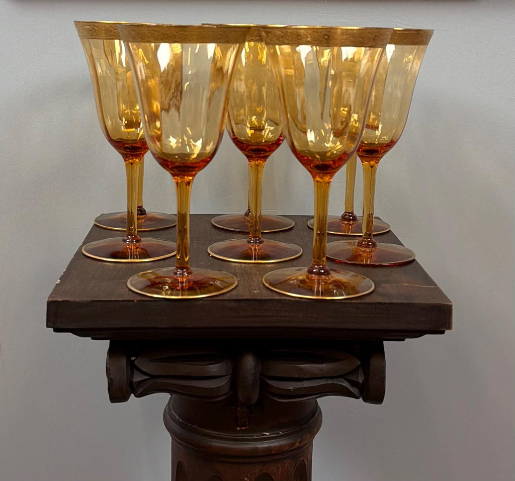 Vintage Amber Wine Glass Set Gold Rim Goblets Hollywood Regency Barware Elegant Stemware Set of 8