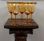 Vintage Amber Wine Glass Set Gold Rim Goblets Hollywood Regency Barware Elegant Stemware Set of 8