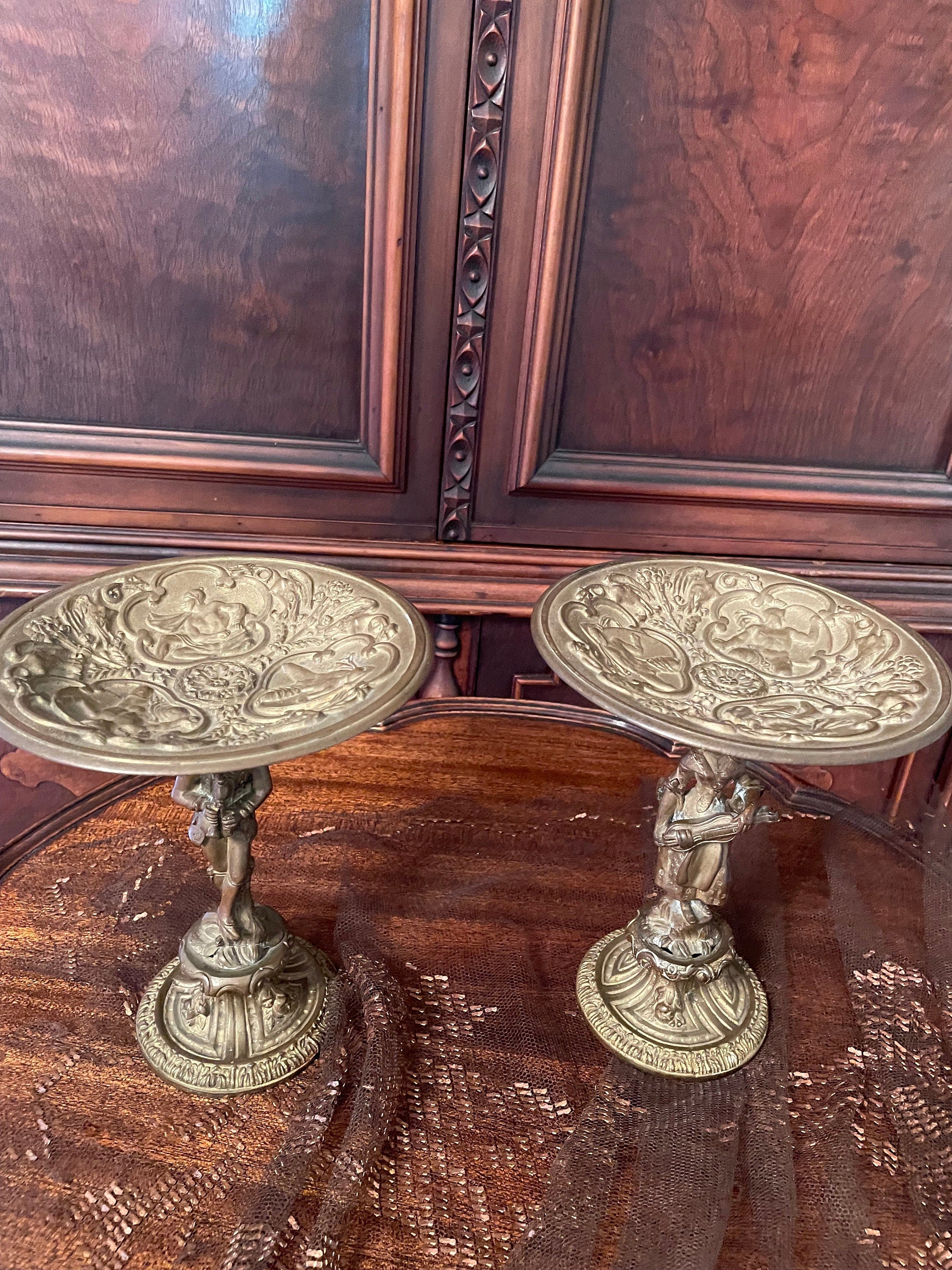 Antique Brass Compote Dish Pair Elegant Detailed Stands Featuring Classical Musician Figures Vintage French Style Home Decoration Accent