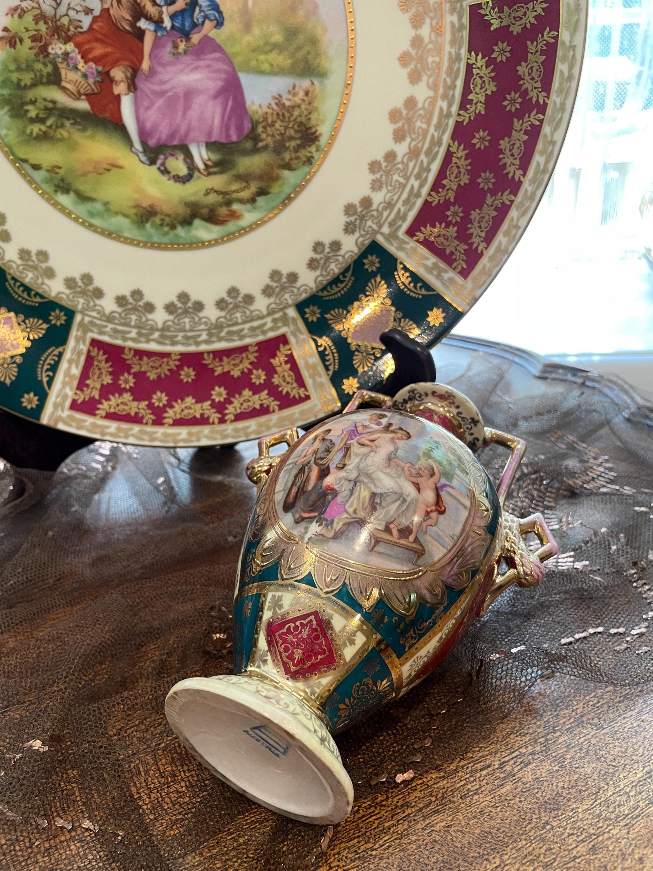 Vintage Decorative Porcelain Plate Vase Set Hand Painted Romantic Couple Scene Gold Accents Burgundy Green Baroque Classical European Style