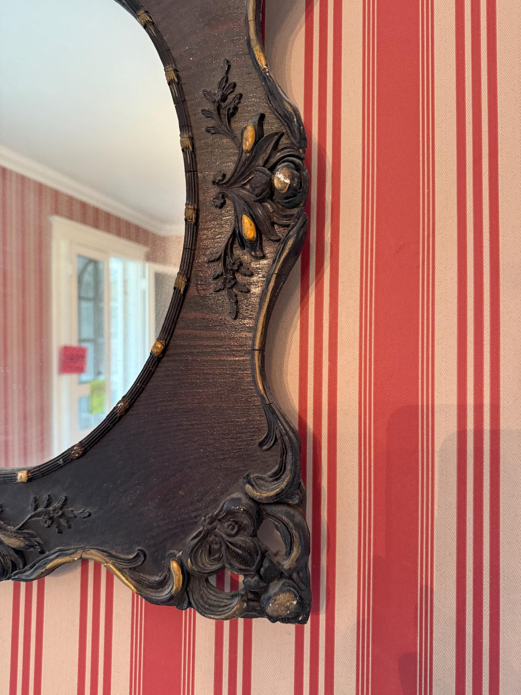 Antique Victorian Wall Mirror Ornate Carved Oval Mirror Gilded Accents Gothic Gesso Rococo Decor Dark Wood Baroque French Luxurious Mirror