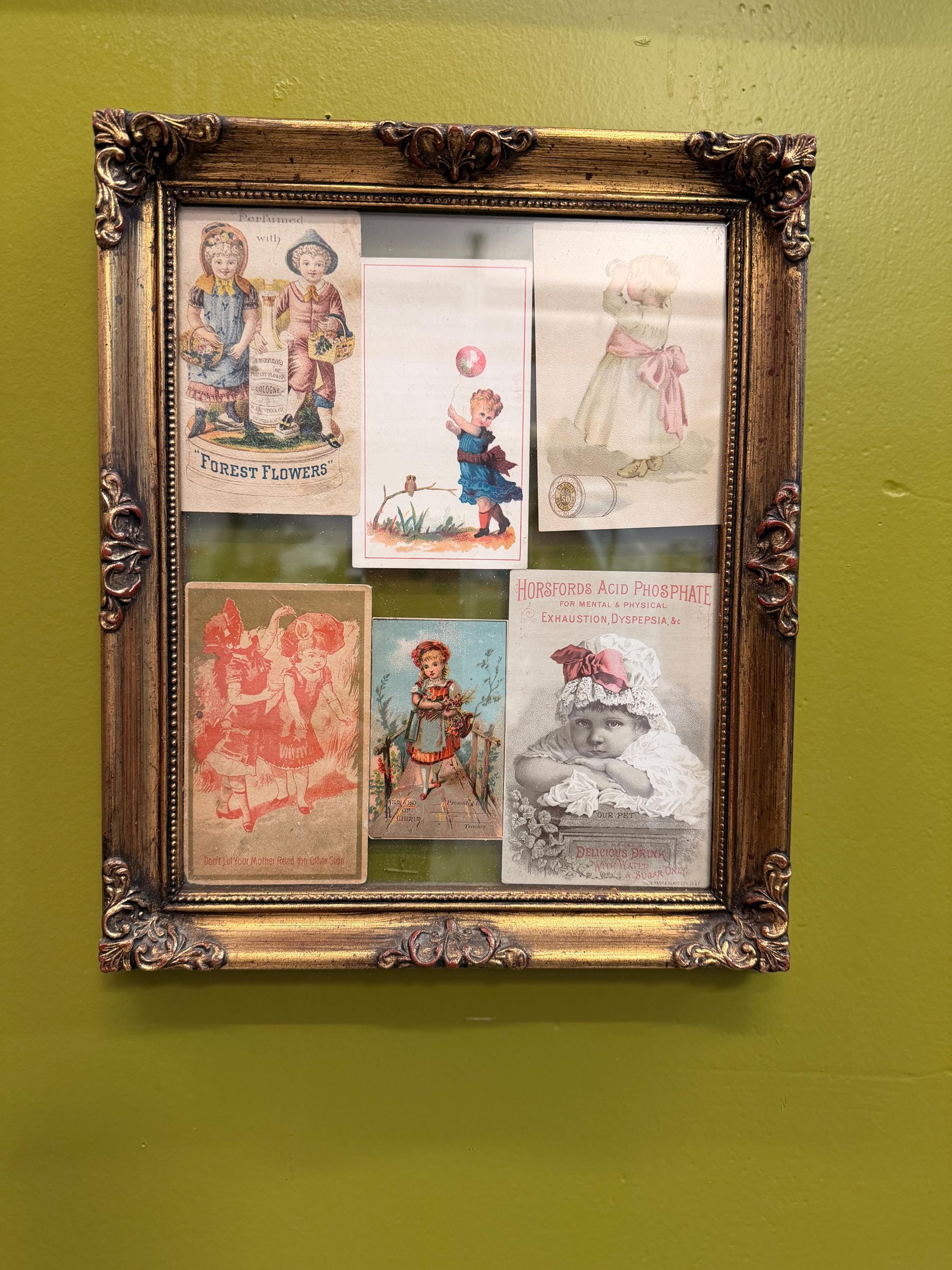 Antique Victorian Trade Card Display Gold Framed Advertising Ephemera Wall Art Child Lithographs
