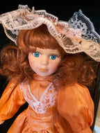 Ashley Belle Porcelain Doll Orange Satin Dress Lace Bonnet Collectible Display Figure Victorian Style Limited Edition Keepsake Beauty