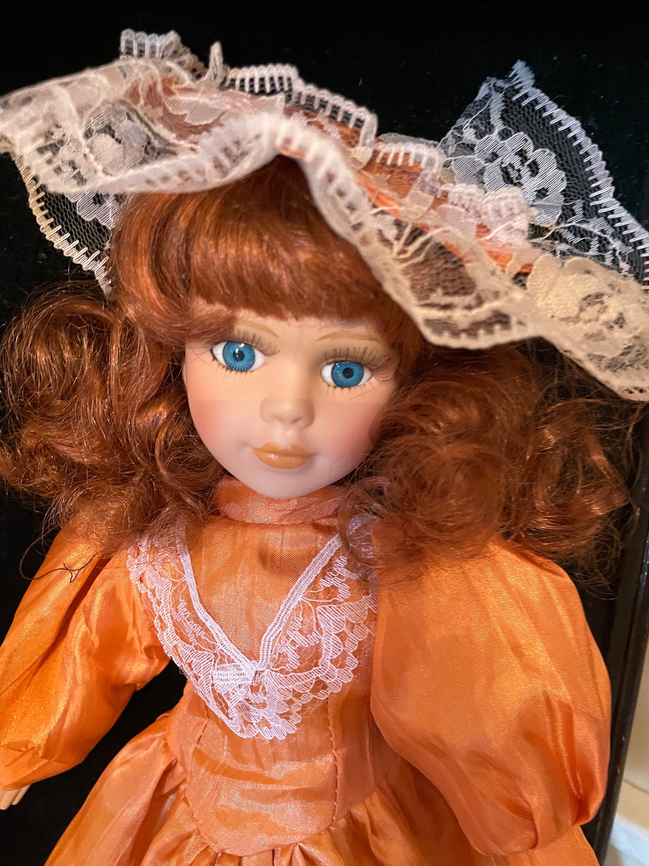 Ashley Belle Porcelain Doll Orange Satin Dress Lace Bonnet Collectible Display Figure Victorian Style Limited Edition Keepsake Beauty