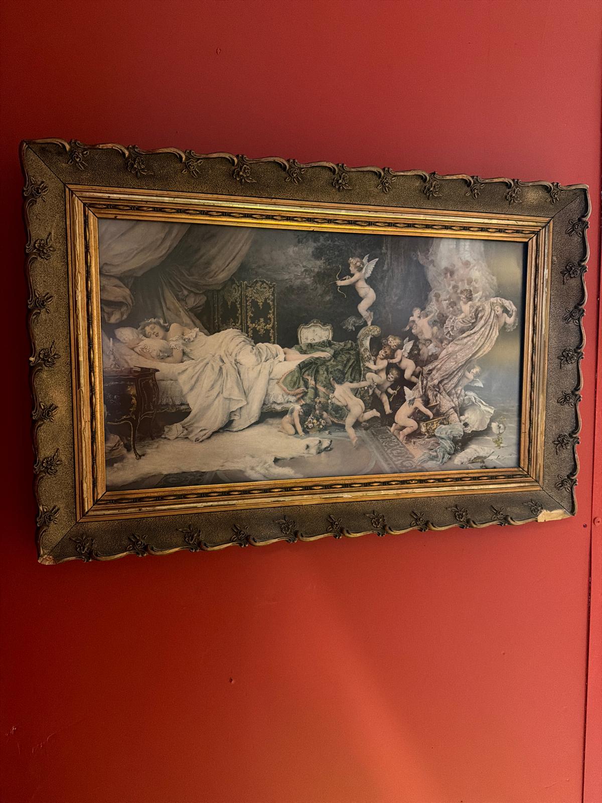 Vintage Ornate Gold Gilt Framed Angel Scene Wall Art Romantic Classical European Style Decor