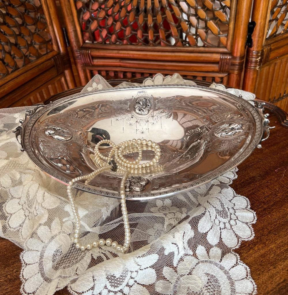 Antique Silverplate Footed Centerpiece Bowl Victorian Embossed Lion Head Decorative Dish Table Display Ornate Classical Revival Style