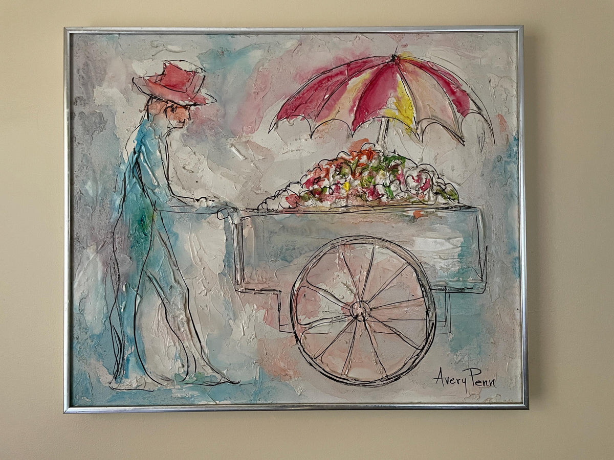 Vintage Mid Century Textured Painting by Avery Penn Featuring Man Pushing Flower Cart Under Umbrella Signed Framed Wall Art Canvas Decor