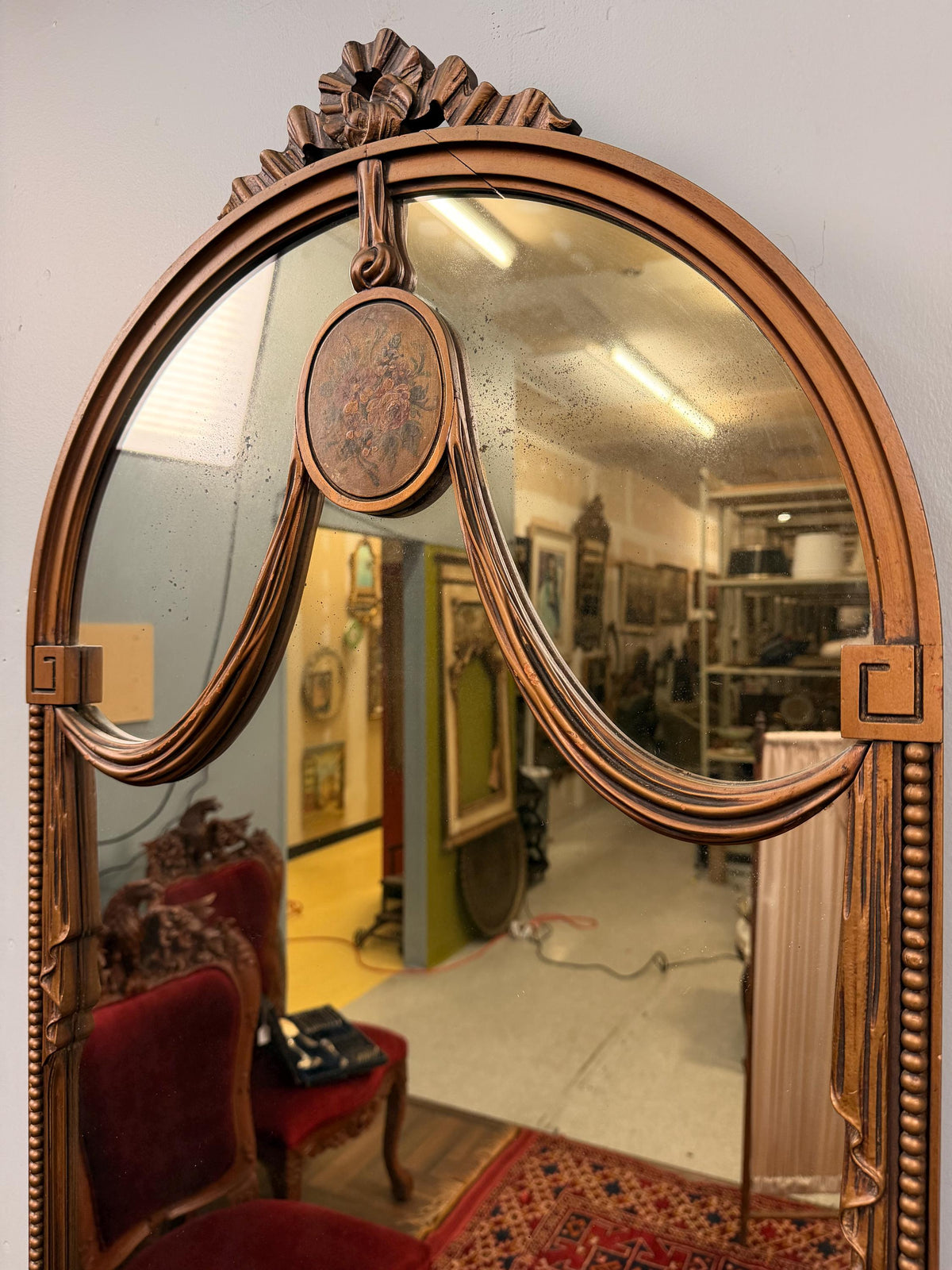 Vintage Louis XVI Neoclassical Wood Mirror, Bow & Swag Floral Medallion Wall Mirror